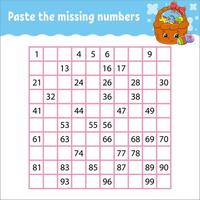 Paste the missing numbers from 1 to 100. Handwriting practice. Learning numbers for kids. Education developing worksheet. Game for children. Isolated vector illustration in cute cartoon style.