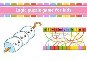 Logic puzzle game. Learning words for kids. Find the hidden name. Worksheet, Activity page. English game. Isolated vector illustration. Cartoon character.