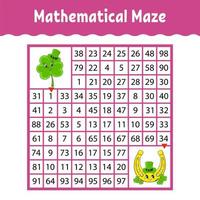 Mathematical square maze. Game for kids. Number labyrinth. Education worksheet. Activity page. Puzzle for children. Cartoon characters. Color vector illustration. St. Patrick's day.