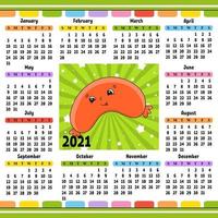 calendario para 2021 con un lindo personaje. diseño divertido y brillante. Ilustración de vector de color aislado. estilo de dibujos animados.