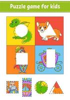 Puzzle game for kids. Cut and paste. Cutting practice. Learning shapes. Education worksheet. Circle, square, rectangle, triangle. Activity page.Cartoon character. vector