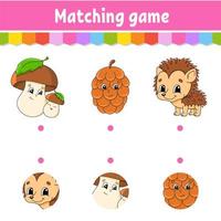 Matching game for kids. Education developing worksheet. Draw a line. Activity page. Cartoon character. Autumn theme. vector