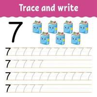 Learn Numbers. Trace and write. Back to school. Handwriting practice. Learning numbers for kids. Education developing worksheet. Isolated vector illustration in cute cartoon style.