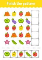 Finish the pattern. Cut and play. Fruits and vegetables. Education developing worksheet. Activity page.Cartoon character. vector