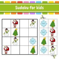 Sudoku for kids. Education developing worksheet. Activity page with pictures. Puzzle game for children. Logical thinking training. Isolated vector illustration. Funny character. Cartoon style.