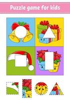 Puzzle game for kids. Cut and paste. Christmas theme. Cutting practice. Learning shapes. Education worksheet. Circle, square, rectangle, triangle. Activity page. Cartoon character. vector