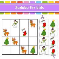 sudoku para niños. hoja de trabajo de desarrollo educativo. página de actividades con imágenes. juego de rompecabezas para niños. entrenamiento del pensamiento lógico. ilustración vectorial aislada. personaje divertido. estilo de dibujos animados. vector