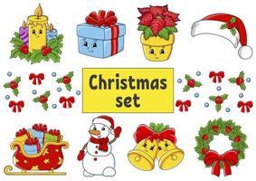 Set of stickers with cute cartoon characters. Christmas theme. Hand drawn. Colorful pack. Vector illustration. Patch badges collection. Label design elements. For daily planner, diary, organizer.