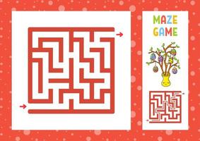 Square maze. Game for kids. Puzzle for children. Happy character. Labyrinth conundrum. Color vector illustration. Find the right path. With answer. Isolated vector illustration. Cartoon style.