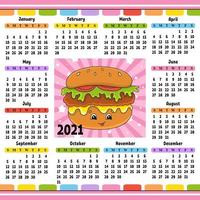 Calendar for 2021 with a cute character. Fun and bright design. Isolated color vector illustration. Cartoon style.