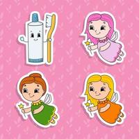 Set of bright color stickers for kids. Cute cartoon characters. Vector illustration isolated on color background.