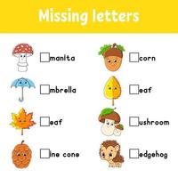 Autumn theme. Missing letters. Education developing worksheet for kids. Activity page. Cartoon character. vector