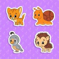 Set of bright color stickers for kids. Cute cartoon characters. Vector illustration isolated on color background.