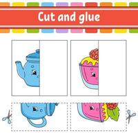 Cut and play. Paper game with glue. Flash cards. Education worksheet. Activity page. Funny character. Isolated vector illustration. Cartoon style.