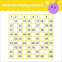 Paste the missing numbers. Handwriting practice. Learning numbers for kids. Education developing worksheet. Activity page. Game for children. Isolated vector illustration in cute cartoon style.