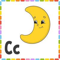 Funny alphabet. Letter C - crescent. ABC square flash cards. Cartoon character isolated on white background. For kids education. Developing worksheet. Learning letters. Color vector illustration.