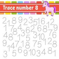 Trace number 8. Handwriting practice. Learning numbers for kids. Education developing worksheet. Activity page. Game for toddlers and preschoolers. Isolated vector illustration in cute cartoon style.
