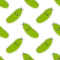 Colored cartoon seamless pattern. Vegetable cucumber. Cartoon style. Hand drawn. Vector illustration isolated on white background.