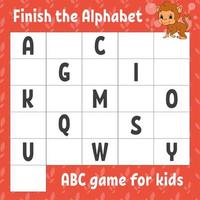 Finish the alphabet. ABC game for kids. Education developing worksheet. Brown monkey. Learning game for kids. Color activity page. vector