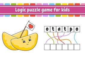 Logic puzzle game. Learning words for kids. Find the hidden name. Worksheet, Activity page. English game. Isolated vector illustration. Cartoon character.