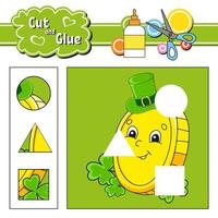 Cut and glue. Game for kids. Education developing worksheet. Cartoon character. Color activity page. Hand drawn. Isolated vector illustration. St. Patrick's day.