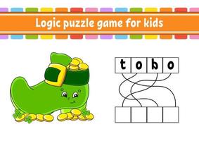 Logic puzzle game. Learning words for kids. Find the hidden name. Worksheet, Activity page. English game. Isolated vector illustration. Cartoon character. St. Patrick's day.