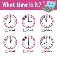 Learning time on the clock. Educational activity worksheet for kids and toddlers. Game for children. Simple flat isolated color vector illustration in cute cartoon style.