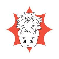 Poinsettia flower in a pot. Black and white coloring page for children. Cute cartoon character. Flat vector isolated illustration.