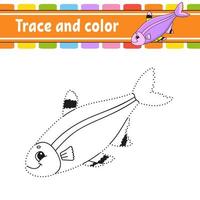 Trace and color. Fish. Coloring page for kids. Handwriting practice. Education developing worksheet. Activity page. Game for toddler and preschoolers. Isolated vector illustration. Cartoon style.