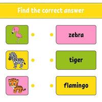 Find the correct answer. Draw a line. Learning words. Education developing worksheet. Activity page for study English. Game for children. Funny character. Isolated vector illustration. Cartoon style.