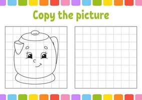 Copy the picture. Kitchen kettle. Coloring book pages for kids. Education developing worksheet. Game for children. Handwriting practice. Funny character. Cute cartoon vector illustration.