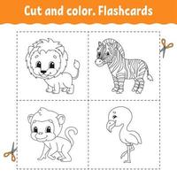 Cut and color. Flashcard Set. flamingo, lion, zebra, monkey. Coloring book for kids. Cartoon character. Cute animal. vector