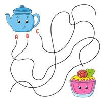 Easy maze. Teapot and cake. Labyrinth for kids. Activity worksheet. Puzzle for children. Cartoon character. Logical conundrum. Color vector illustration.