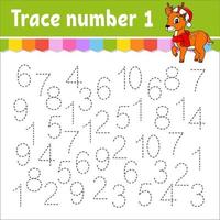 Trace number . Handwriting practice. Learning numbers for kids. Education developing worksheet. Activity page. Game for toddlers and preschoolers. Isolated vector illustration in cute cartoon style.