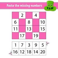 Paste the missing numbers 1-20. Game for children. Handwriting practice. Learning numbers for kids. Education developing worksheet. Activity page. Isolated vector illustration in cute cartoon style.