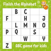 Finish the alphabet. ABC game for kids. Education developing worksheet. Learning game for kids. Color activity page. vector