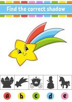 Find the correct shadow. Education developing worksheet. Activity page. Color game for children. Isolated vector illustration. Cartoon character.