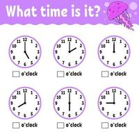 Learning time on the clock. Educational activity worksheet for kids and toddlers. Game for children. Simple flat isolated color vector illustration in cute cartoon style.