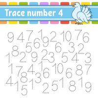 Trace number. Handwriting practice. Learning numbers for kids. Education developing worksheet. Activity page. Game for toddlers and preschoolers. Isolated vector illustration in cute cartoon style.