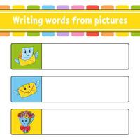 Writing words from pictures. Envelope, bouquet. Education developing worksheet. Activity page for kids. Puzzle for children. Isolated vector illustration. Cartoon characters.