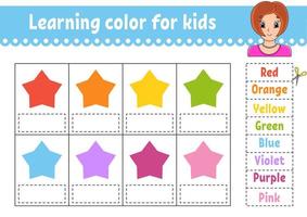 Learning color for kids. Education developing worksheet. Color stars. Activity page with color pictures. Riddle for children. Isolated vector illustration. Pretty girl. Funny character. Cartoon style.