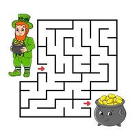 Square maze. Game for kids. Leprechaun and pot. Puzzle for children. Labyrinth conundrum. Color vector illustration. Isolated vector illustration. Cartoon character.