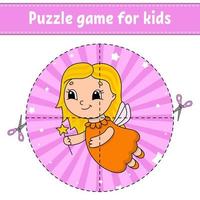 Cut and play. Round puzzle. Tooth Fairy. Logic puzzle for kids. Activity page. Cutting practice for preschool. Cartoon character. vector