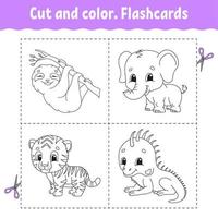 cortar y colorear. conjunto de tarjetas de memoria flash. tigre, perezoso, iguana, elefante. libro para colorear para niños. personaje animado. lindo animal. vector