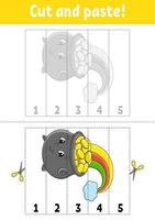 Learning numbers 1-5. Cut and glue. Cartoon character. Education developing worksheet. Game for kids. Activity page. Color isolated vector illustration. St. Patrick's day.