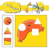 Cut and glue. Game for kids. Education developing worksheet. Cartoon character. Color activity page. Hand drawn. Isolated vector illustration.