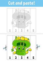 Learning numbers 1-5. Cut and glue. Cartoon character. Education developing worksheet. Game for kids. Activity page. Color isolated vector illustration. St. Patrick's day.