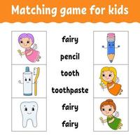 Matching game for kids. Find the correct answer. Draw a line. Learning words. Activity worksheet. Cartoon character. vector