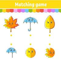 Matching game for kids. Education developing worksheet. Draw a line. Activity page. Cartoon character. Autumn theme. vector