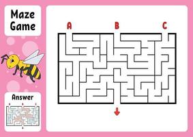 Rectangle maze. Game for kids. Three entrances, one exit. Puzzle for children. Labyrinth conundrum. Color vector illustration. Find the right path. With answer. Cartoon character. Education worksheet.